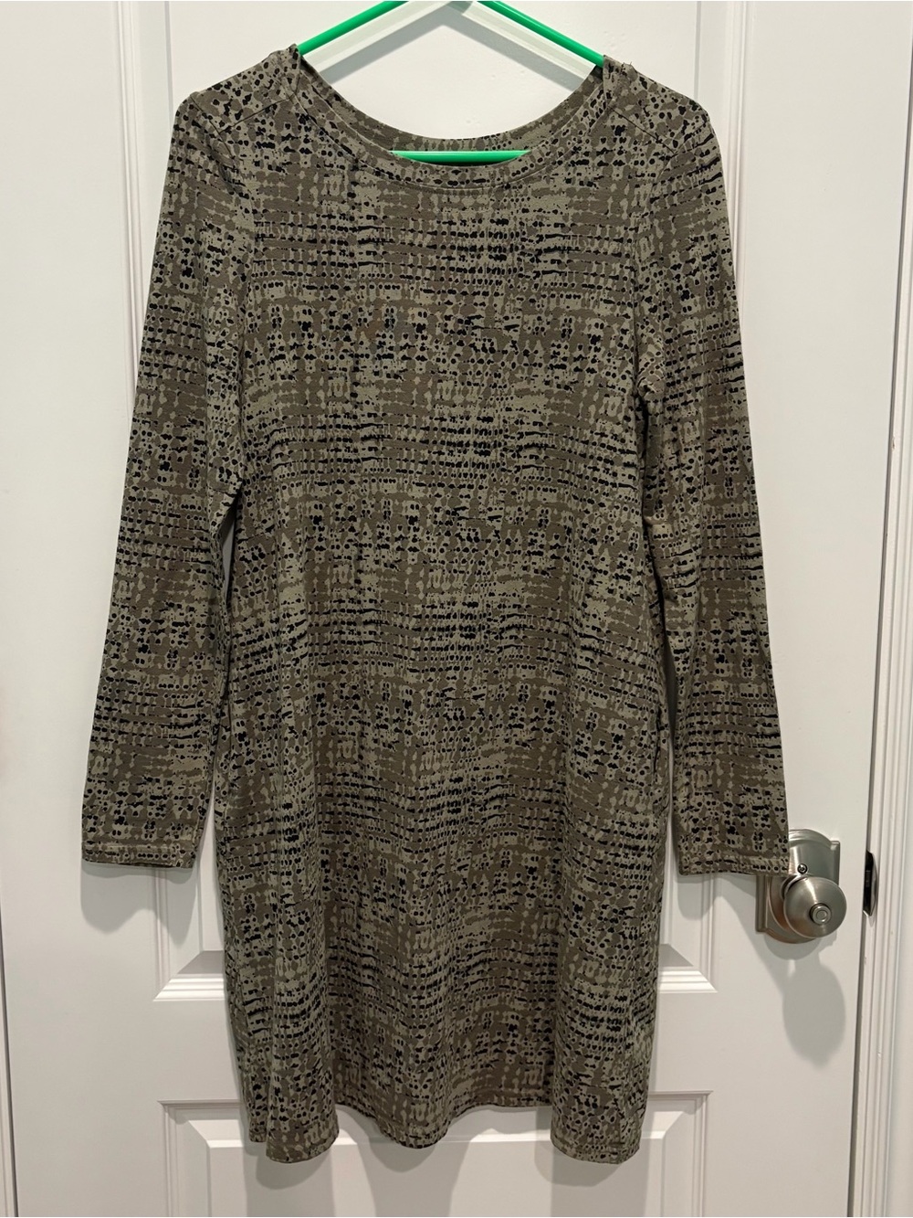 Pact Revive Organic Cotton Green Geo Print Swing Dress Womens Sz M Lagenlook Art